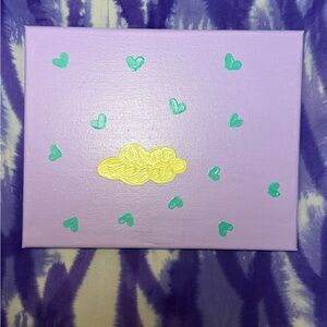 🎨Textured Purple Canvas with Yellow Cloud and Green Hearts